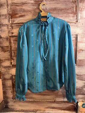 Vintage 1970’s Teal Stripe Ruffle-Neck Women's Button-Down Blouse